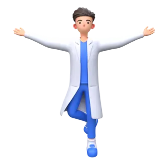 a man in a white coat and blue pants
