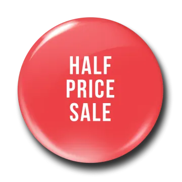 a red button with the word half price