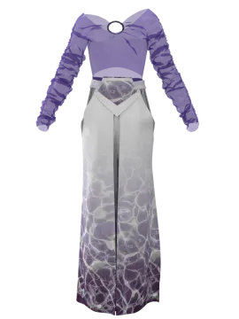 an image of a woman wearing a purple and white dress