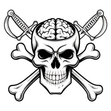 a skull with two crossed swords and a brain in the middle