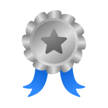 a silver medal with a blue ribbon around it
