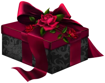 a red and black gift box with a rose on it