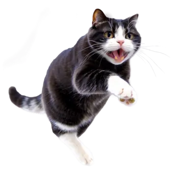 a black and white cat with its mouth open
