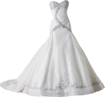 a white wedding dress with blue flowers on it
