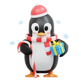a penguin wearing a santa hat and holding a present