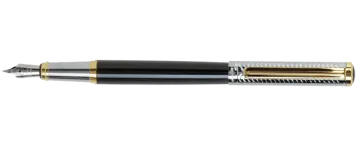 a black and gold fountain pen on a white background