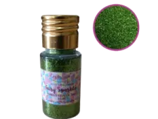 a bottle of green glitter on a white background