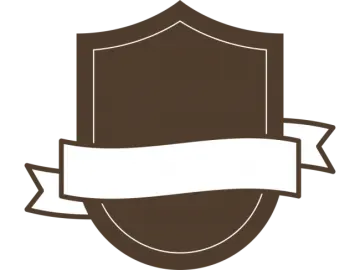 a brown shield with a white ribbon around it