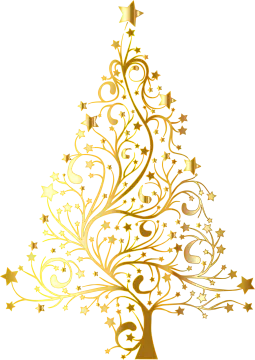 a gold christmas tree with stars and swirls