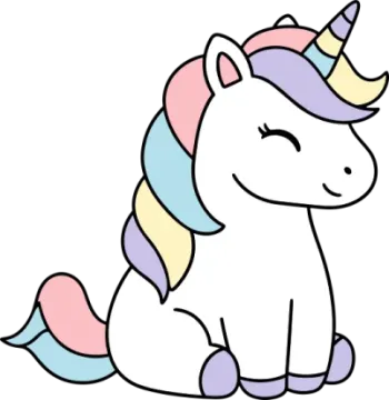 a cartoon unicorn sitting down on the ground