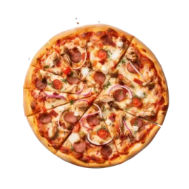 a pizza with meat and vegetables on it