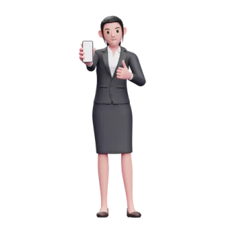 a woman in business attire holding a cell phone