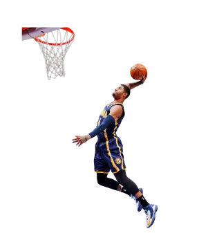 a basketball player jumping in the air with a ball