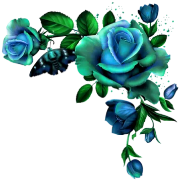 a bunch of blue roses with green leaves