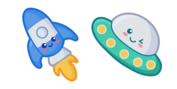 two cartoon spaceships, one blue and the other green