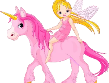a little girl riding on a pink unicorn