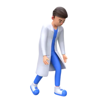 a person in a white coat and blue pants