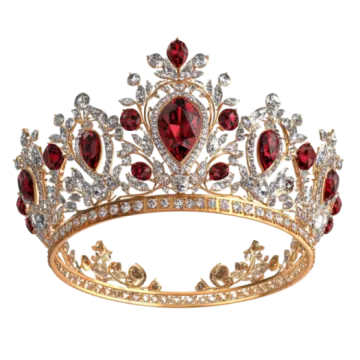 a gold crown with red and white crystals