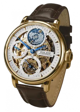 a watch with a white dial and brown leather strap