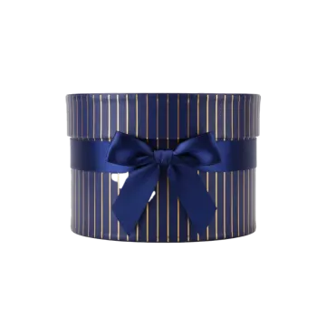 a blue and gold striped gift box with a bow