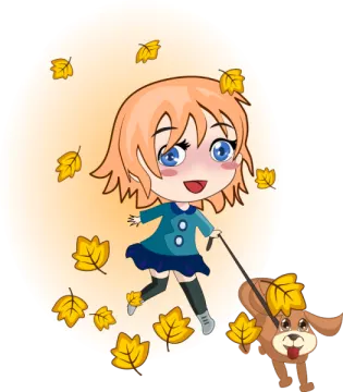 a little girl walking her dog in the leaves