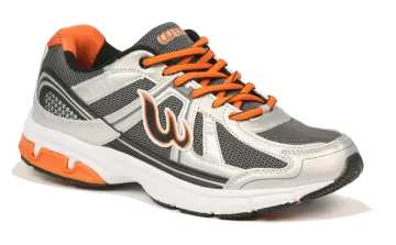 a pair of children's sneakers in grey and orange