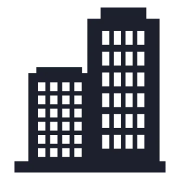 a black and white icon of two tall buildings