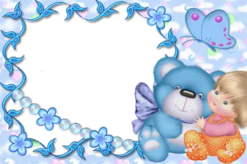 a little girl hugging her teddy bear in the clouds