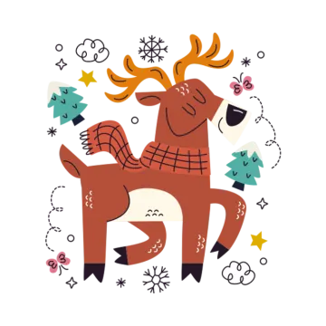 a reindeer with christmas decorations around it