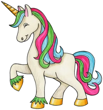 a drawing of a unicorn with colorful manes