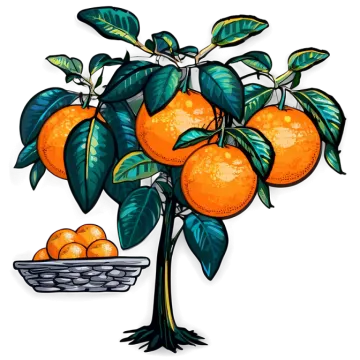 an orange tree with three oranges on it