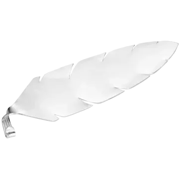 a silver plate with two leaves on it