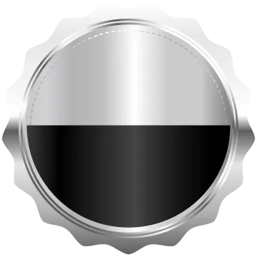 a metallic badge with a black and white stripe