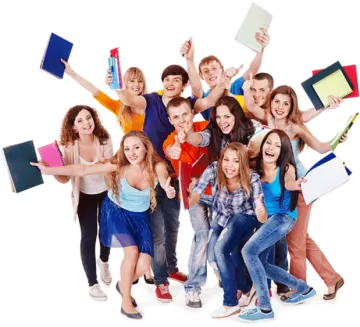 a group of young people holding books and smiling