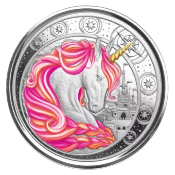 a silver coin with a pink unicorn on it