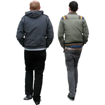 two men walking away from the camera