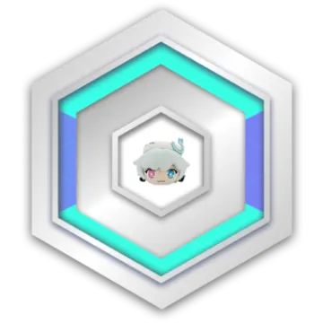 a white and blue hexagon with a cartoon character in the center