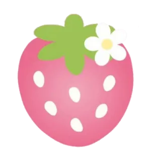 a pink strawberry with green leaves and white dots