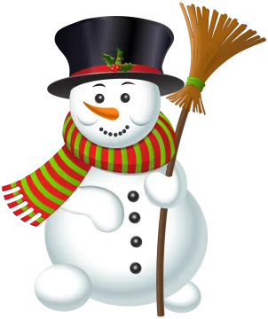 a snowman with a hat and scarf holding a broom