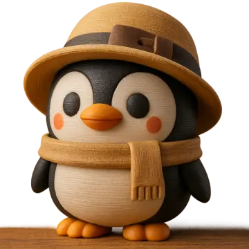 a wooden penguin wearing a hat and scarf
