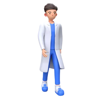 a person in a white coat and blue pants