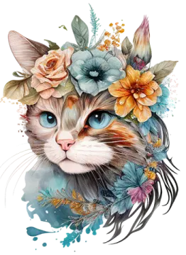 a cat with flowers on its head