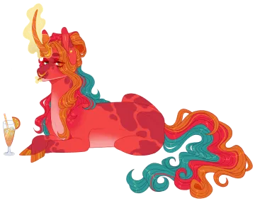 a red unicorn laying down with a drink in its hand