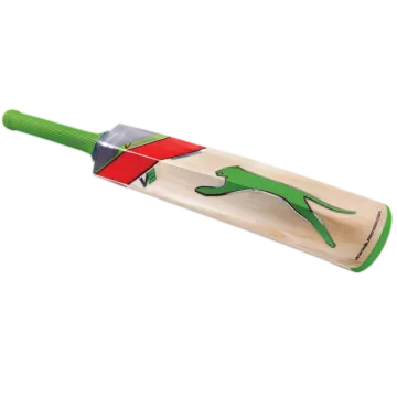 a cricket bat with a green handle