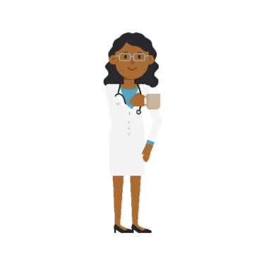 a female doctor in white coat and glasses holding a cup