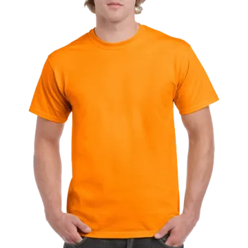 a young man wearing an orange t - shirt