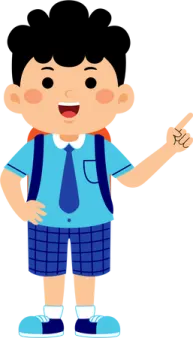 a boy in school uniform pointing at something