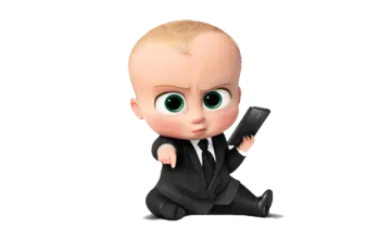 a baby in a suit holding a cell phone