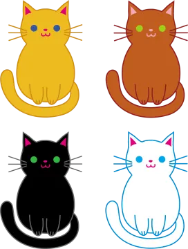 four different colored cats on a white background