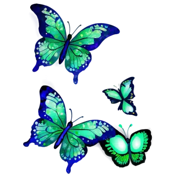 three green and blue butterflies on white background